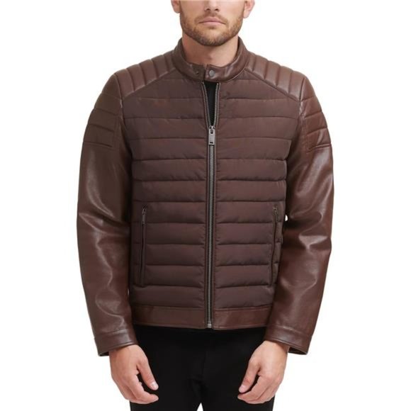Men's Mixed Media Faux Leather Puffer Motocros Racer Jacket